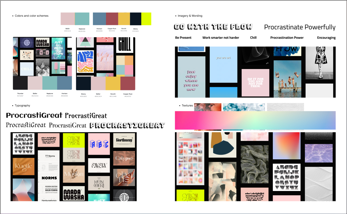 A moodboard with images, fonts, wording and textures for ProcrastiGreat. 