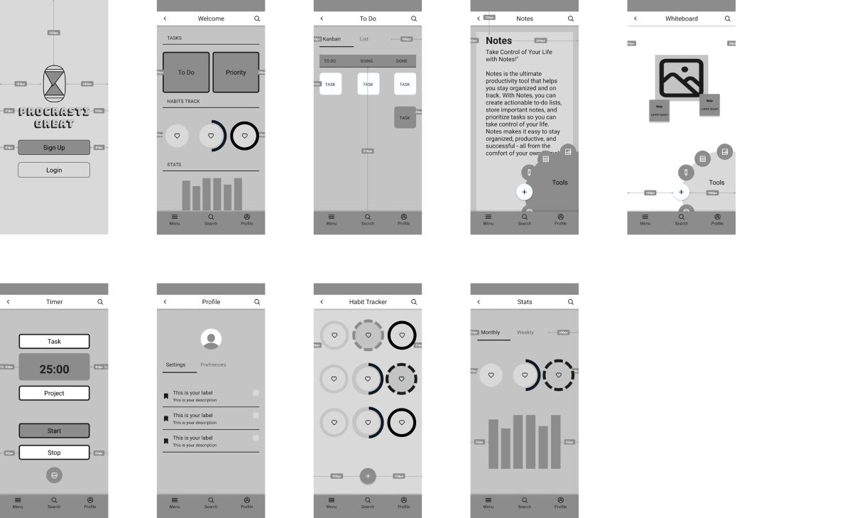 8 Mid-fidelity mobile screens with more detail added and annotations.