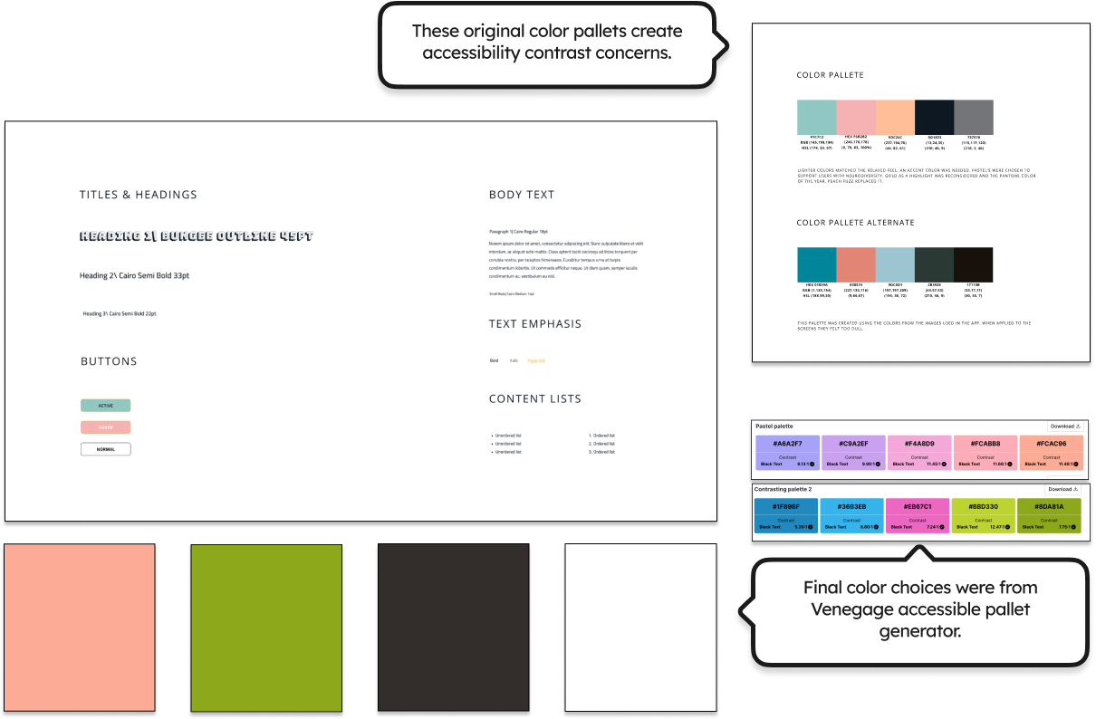 The final color pallete is on the left and the original is on the right. Text notes that the new pallete has stronger contrast for better accessibility and was designed using the Venegage accessible color pallete generator.