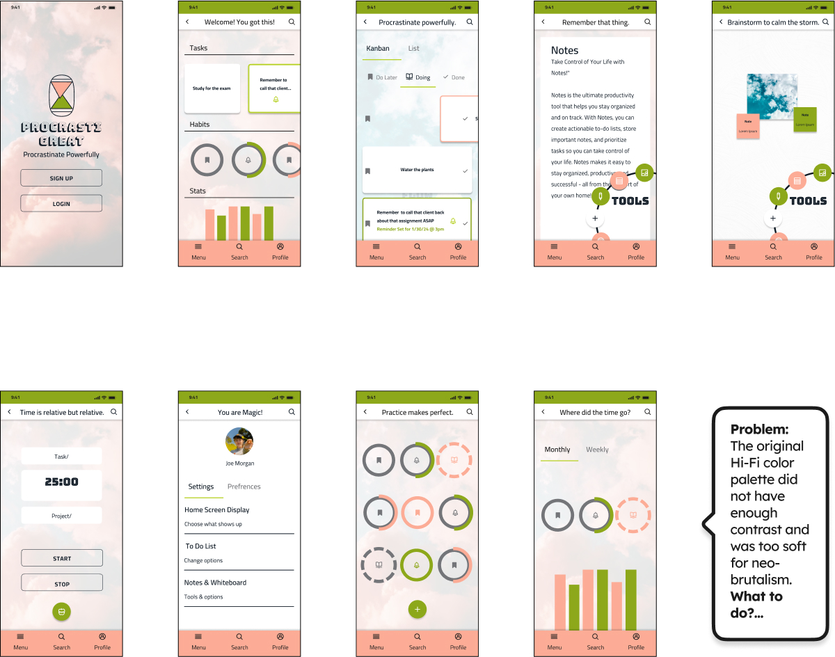 9 High fidelity screens for Procrastigreat with pink green and white accents. Text included: Problem:
                        The original Hi-Fi color palette did not have enough contrast and was too soft for neo-brutalism.
                        What to do?...