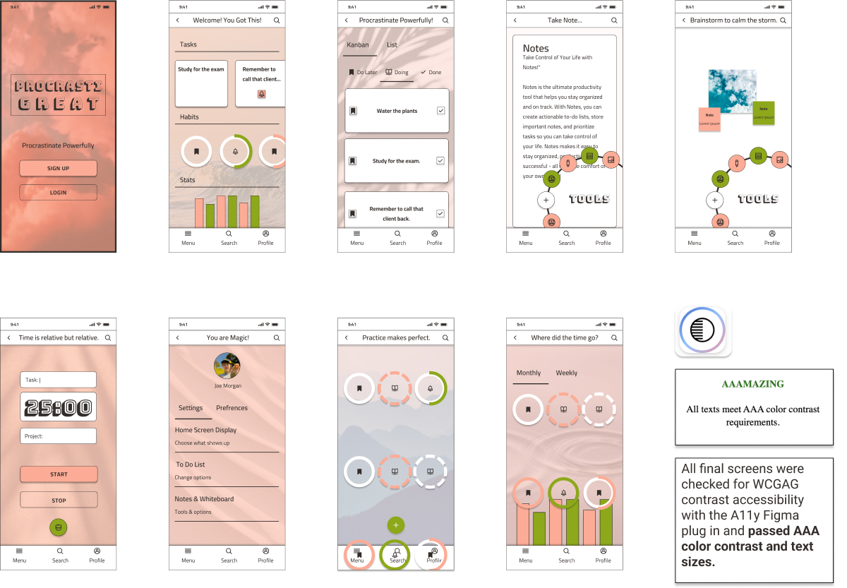 Final version image of high-fidelity screens with more color and type contrast. Text included says: All final screens were checked for WCGAG contrast accessibility with the A11y Figma plug in and passed AAA color contrast and text sizes.